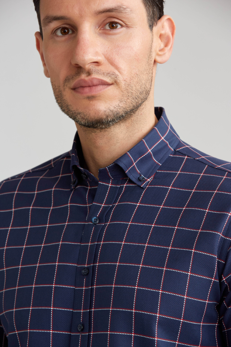 Regular Fit Ekoseli Kırmızı Çizgili Spor Erkek Gömlek - 2