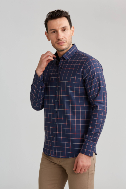 Regular Fit Ekoseli Kırmızı Çizgili Spor Erkek Gömlek - 5