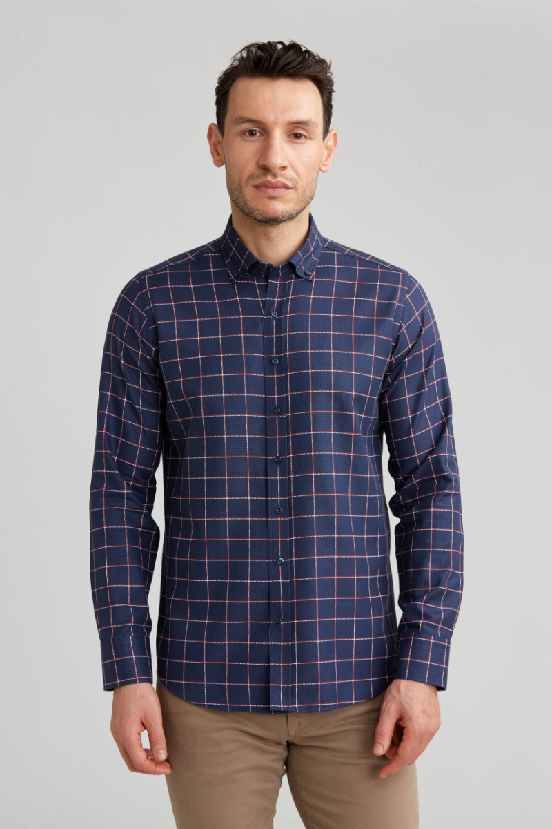 Regular Fit Ekoseli Kırmızı Çizgili Spor Erkek Gömlek - 1