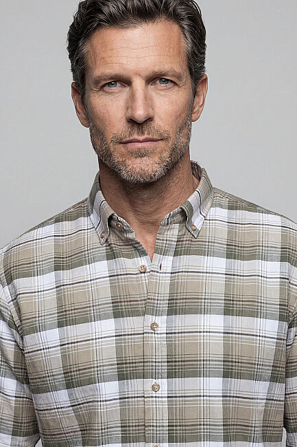 Regular Fit Ekoseli Kışlık Pamuk Bej Erkek Gömlek - 3