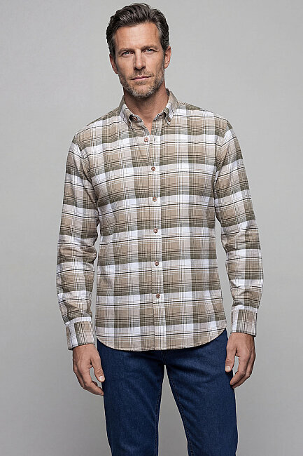 Regular Fit Ekoseli Kışlık Pamuk Bej Erkek Gömlek - 1
