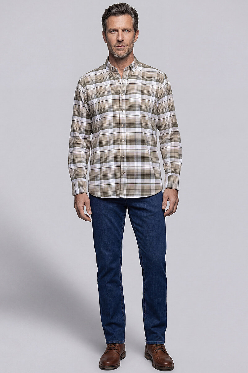 Regular Fit Ekoseli Kışlık Pamuk Bej Erkek Gömlek - 5