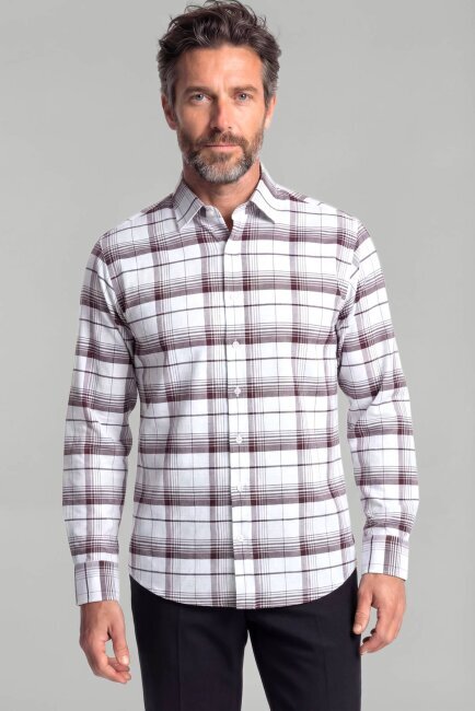 Regular Fit Ekoseli Kışlık Pamuk Bordo Erkek Gömlek - 1