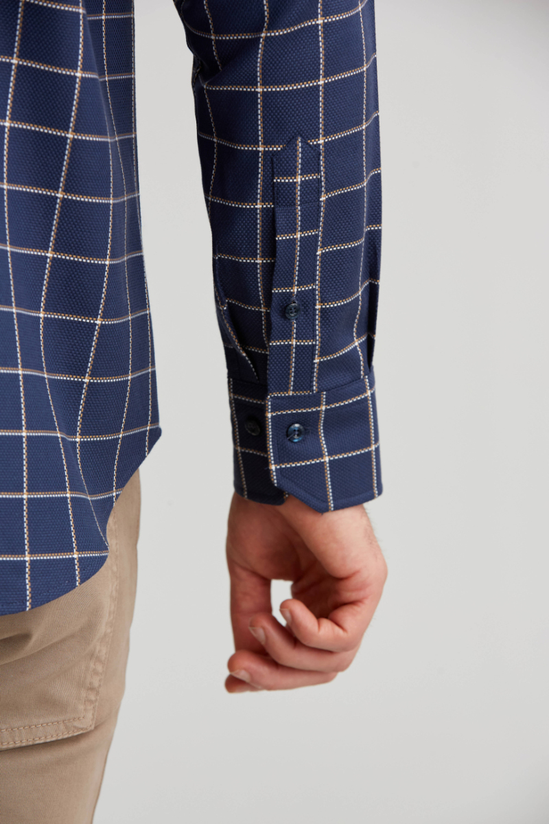 Regular Fit Ekoseli Lacivert Çizgili Spor Erkek Gömlek - 3