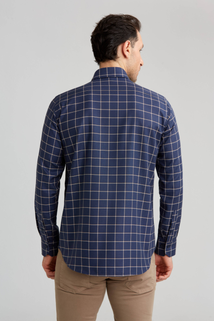 Regular Fit Ekoseli Lacivert Çizgili Spor Erkek Gömlek (1)