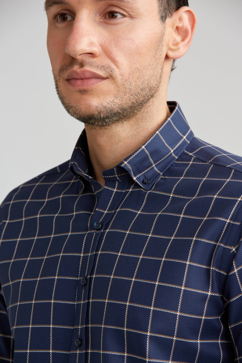 Regular Fit Ekoseli Lacivert Çizgili Spor Erkek Gömlek - 4