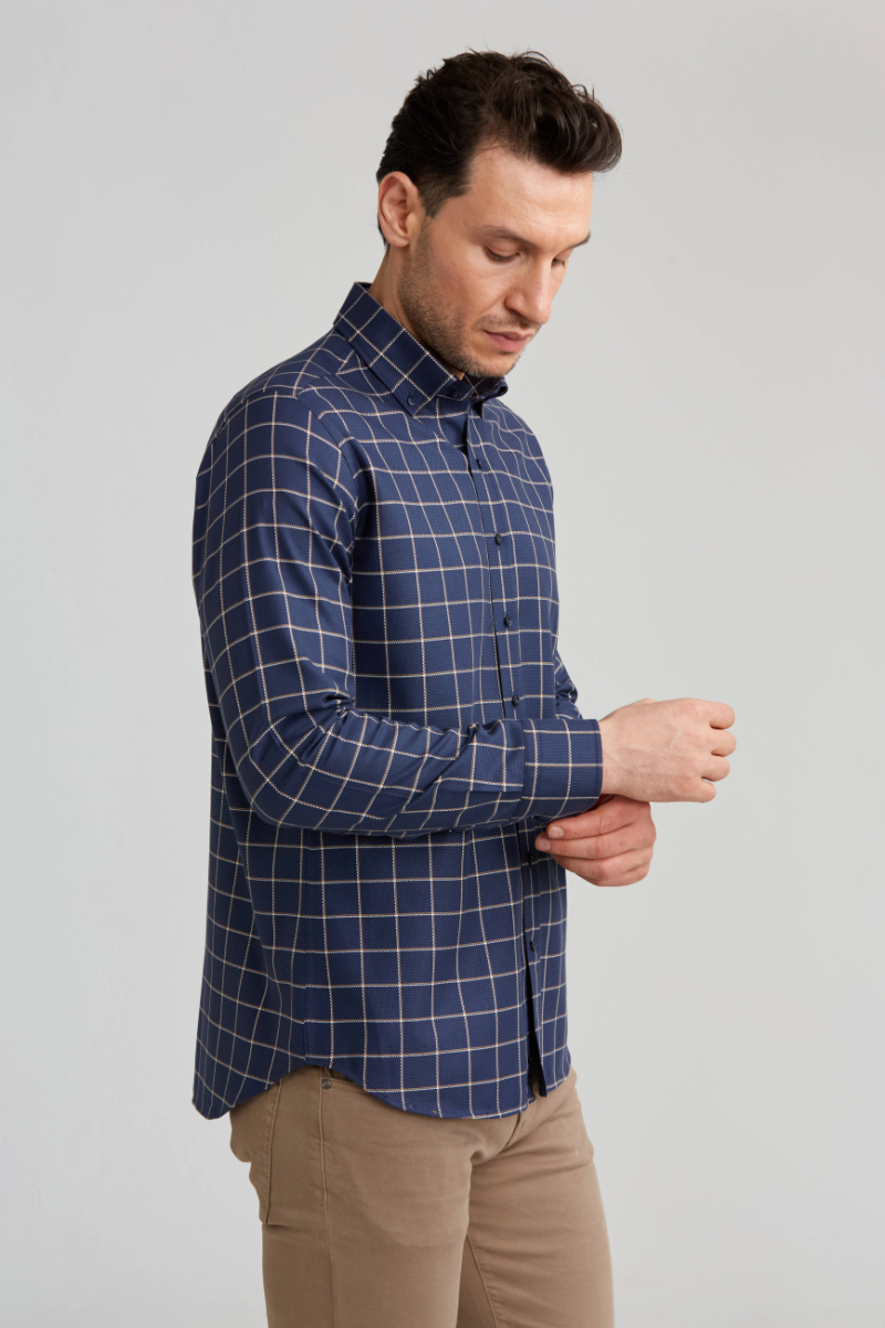 Regular Fit Ekoseli Lacivert Çizgili Spor Erkek Gömlek - 5