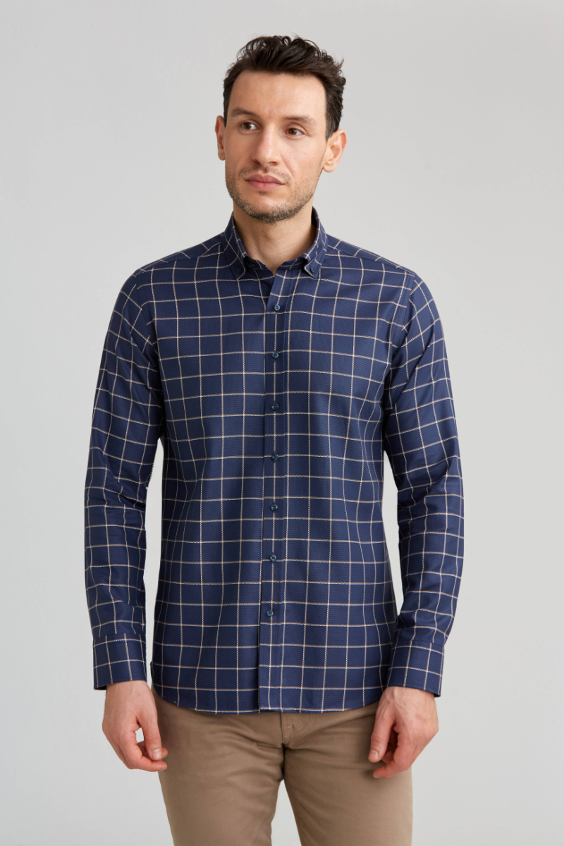Regular Fit Ekoseli Lacivert Çizgili Spor Erkek Gömlek - 1