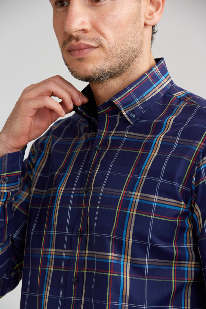 Regular Fit Ekoseli Lacivert Spor Erkek Gömlek - 5