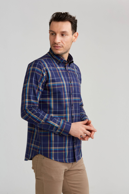 Regular Fit Ekoseli Lacivert Spor Erkek Gömlek - 4