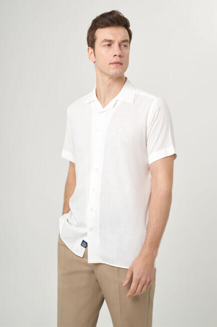 Regular Fit Ekru Renk Kısa Kollu Erkek Gömlek - 3