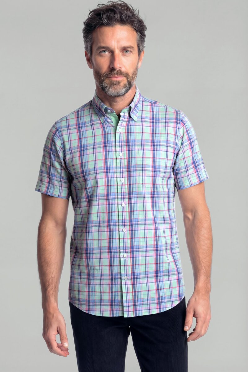 Regular Fit Erkek Kısa Kol Pamuk Yeşil Gömlek - 1