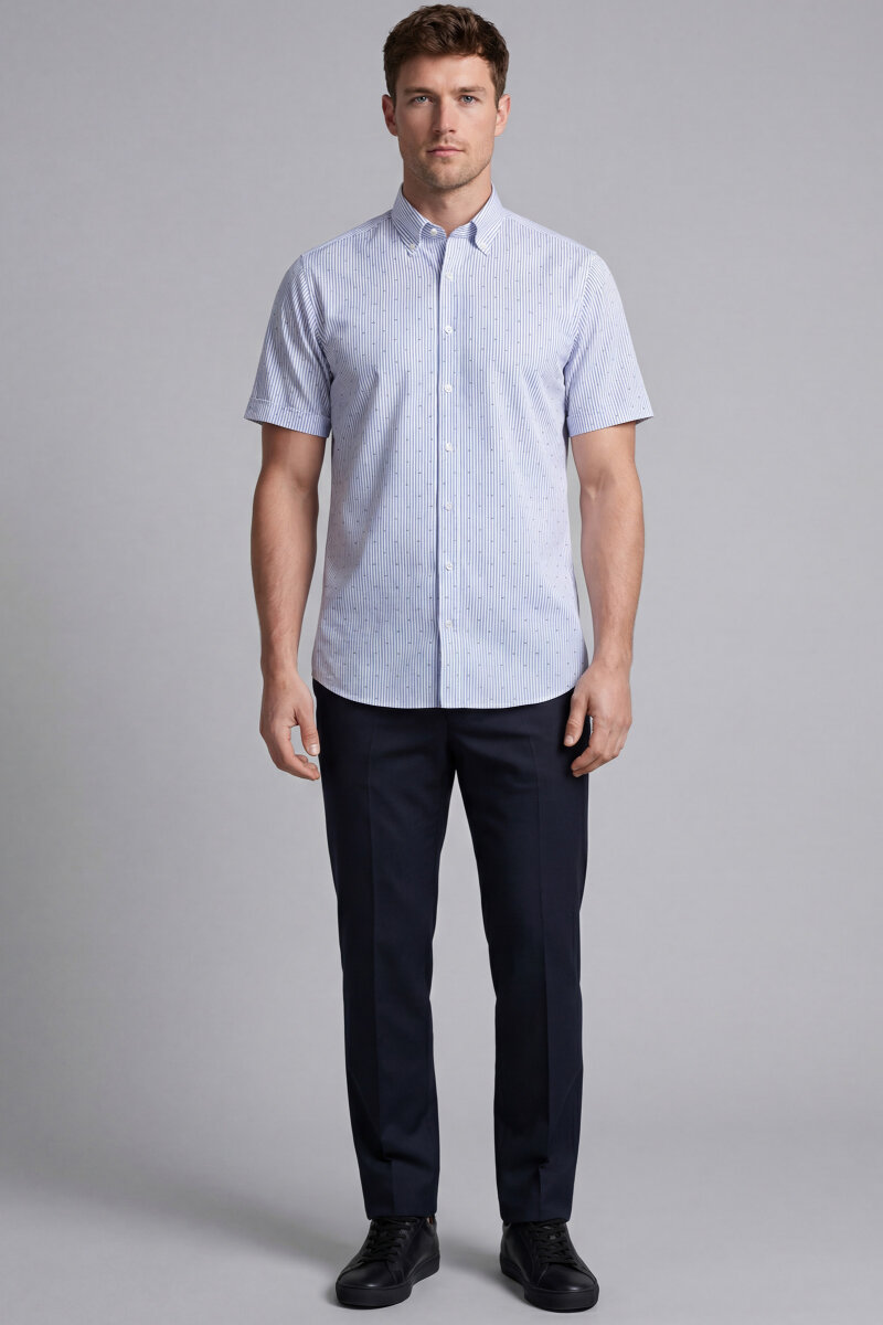 Regular Fit Erkek Kısa Kol Paşa Yaka Cepsiz Pamuk Lacivert Gömlek - 5