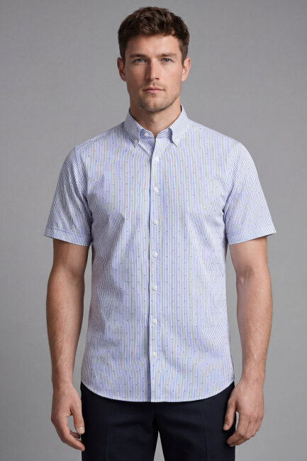 Regular Fit Erkek Kısa Kol Paşa Yaka Cepsiz Pamuk Lacivert Gömlek