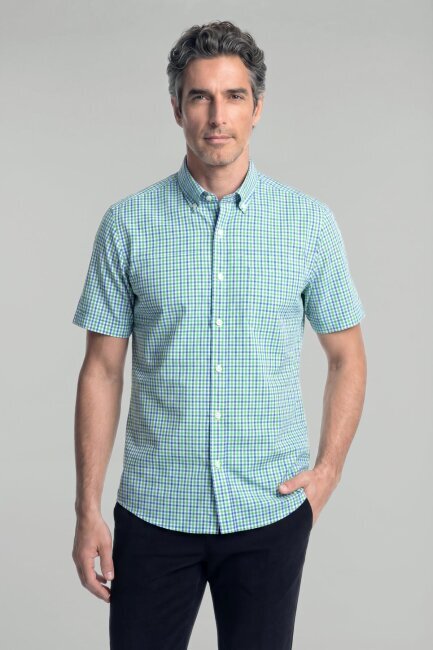 Regular Fit Erkek Kısa Kol Paşa Yaka Pamuk Yeşil Gömlek - 1