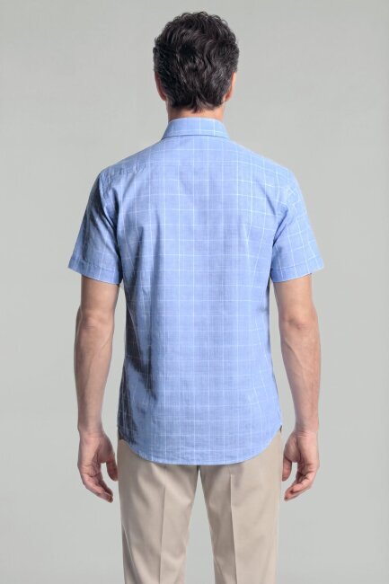 Regular Fit Erkek Kısa Kollu Klasik İtalyan Yaka Pamuk Mavi Gömlek - 2