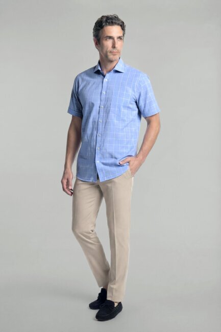 Regular Fit Erkek Kısa Kollu Klasik İtalyan Yaka Pamuk Mavi Gömlek - 3