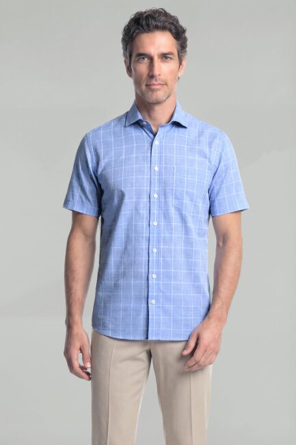 Regular Fit Erkek Kısa Kollu Klasik İtalyan Yaka Pamuk Mavi Gömlek - 1