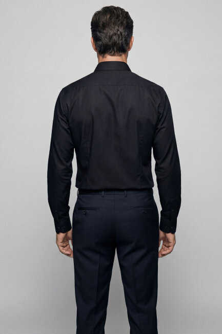 Regular Fit Erkek Klasik Yaka Cepsiz Pamuk Siyah Gömlek - 2