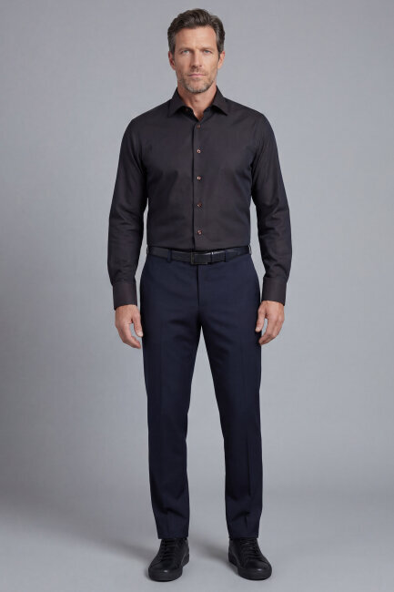 Regular Fit Erkek Klasik Yaka Cepsiz Pamuk Siyah Gömlek - 3