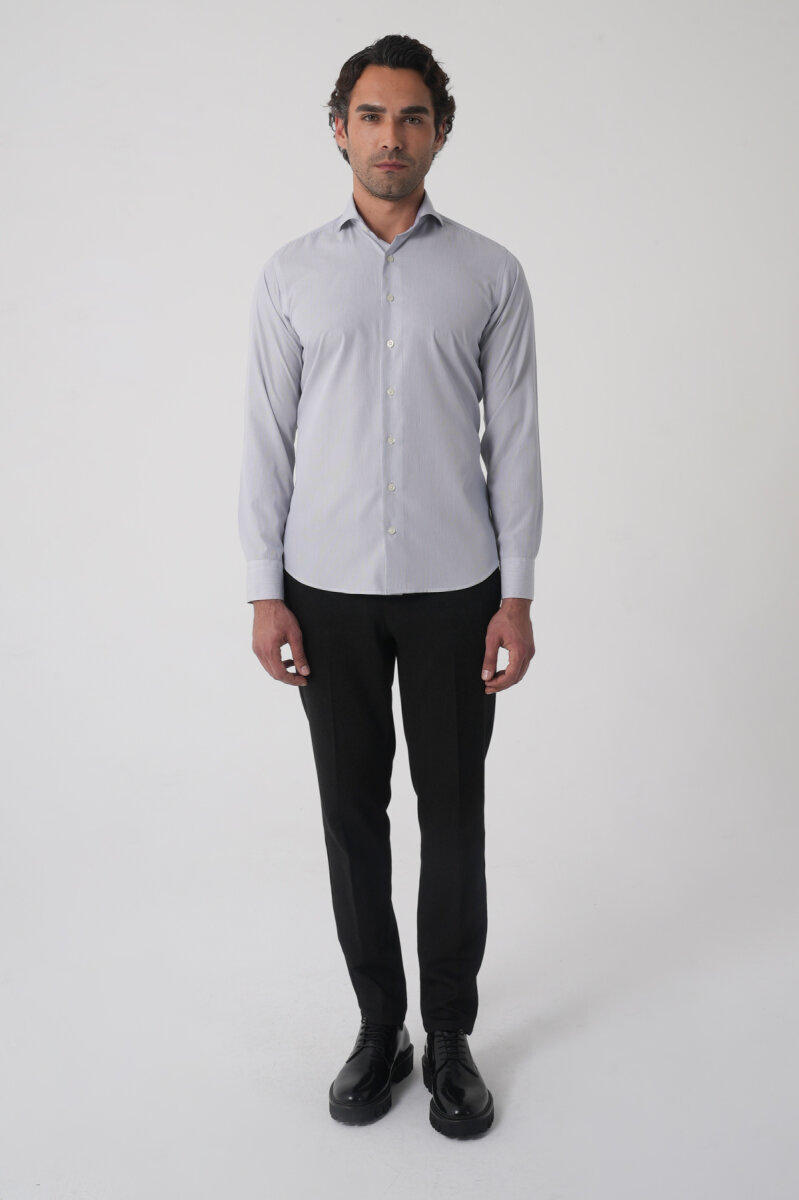 Regular Fit Erkek Napoli Yaka Uzun Kol Cepsiz Pamuk Gri Gömlek - 3