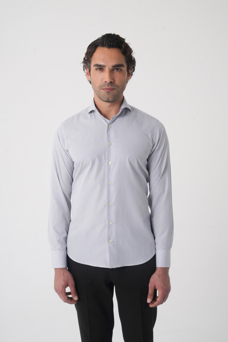 Regular Fit Erkek Napoli Yaka Uzun Kol Cepsiz Pamuk Gri Gömlek - 1