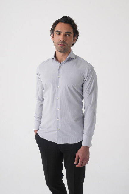 Regular Fit Erkek Napoli Yaka Uzun Kol Cepsiz Pamuk Gri Gömlek - 2