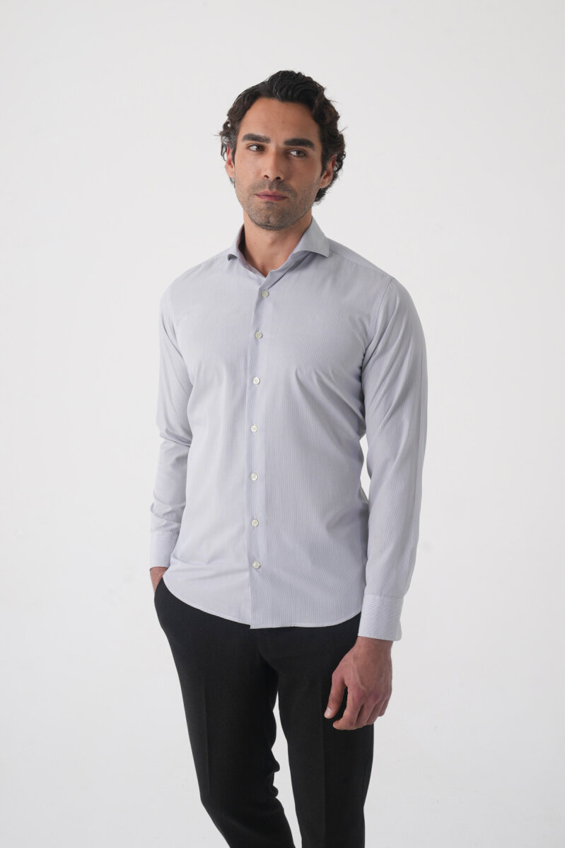 Regular Fit Erkek Napoli Yaka Uzun Kol Cepsiz Pamuk Gri Gömlek - 2