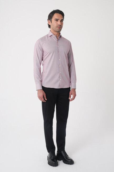 Regular Fit Erkek Napoli Yaka Uzun Kol Cepsiz Pamuk Kırmızı Gömlek - 4