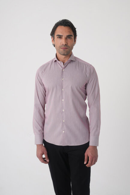 Regular Fit Erkek Napoli Yaka Uzun Kol Cepsiz Pamuk Kırmızı Gömlek 