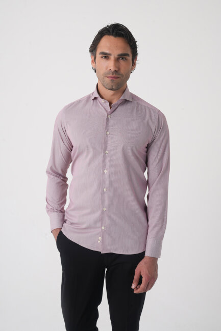 Regular Fit Erkek Napoli Yaka Uzun Kol Cepsiz Pamuk Kırmızı Gömlek - 2