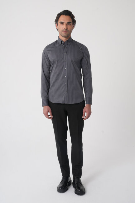 Regular Fit Erkek Uzun Kol Cepsiz Pamuk Antrasit Gömlek - 3