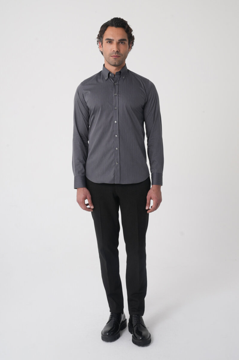 Regular Fit Erkek Uzun Kol Cepsiz Pamuk Antrasit Gömlek - 3