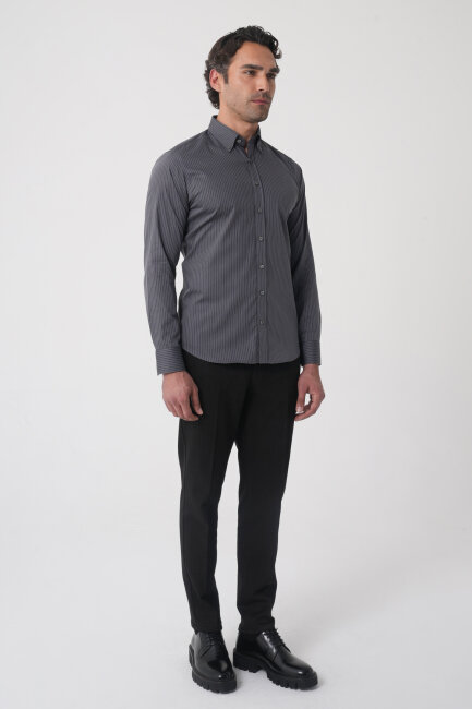 Regular Fit Erkek Uzun Kol Cepsiz Pamuk Antrasit Gömlek - 4