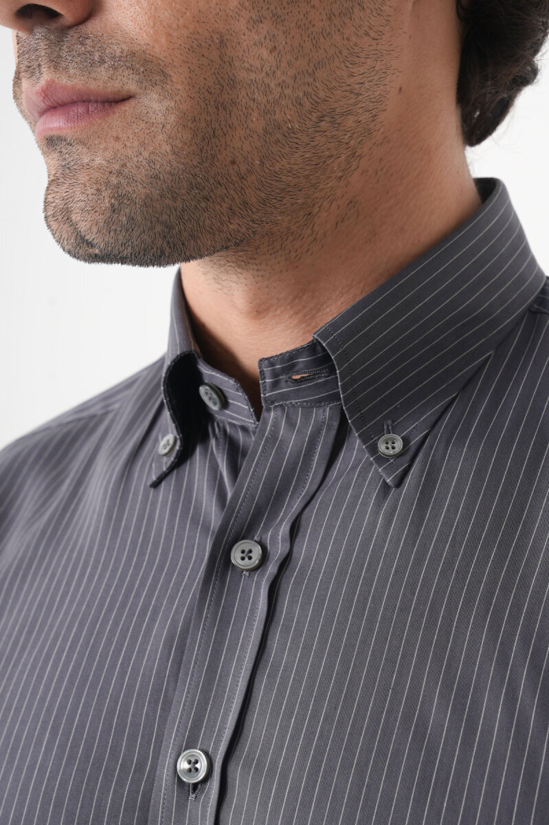 Regular Fit Erkek Uzun Kol Cepsiz Pamuk Antrasit Gömlek - 6