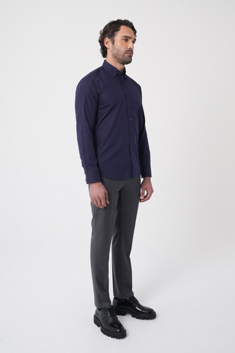 Regular Fit Erkek Uzun Kol Cepsiz Pamuk Lacivert Gömlek - 4