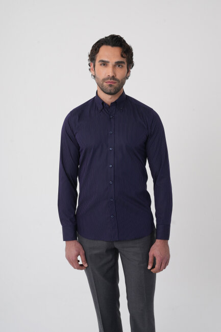 Regular Fit Erkek Uzun Kol Cepsiz Pamuk Lacivert Gömlek 
