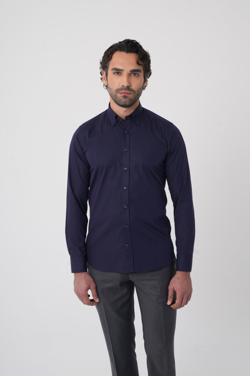 Regular Fit Erkek Uzun Kol Cepsiz Pamuk Lacivert Gömlek