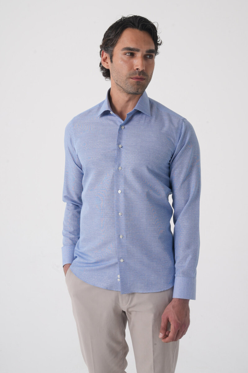 Regular Fit Erkek Uzun Kol Cepsiz Pamuk Mavi Gömlek - 4