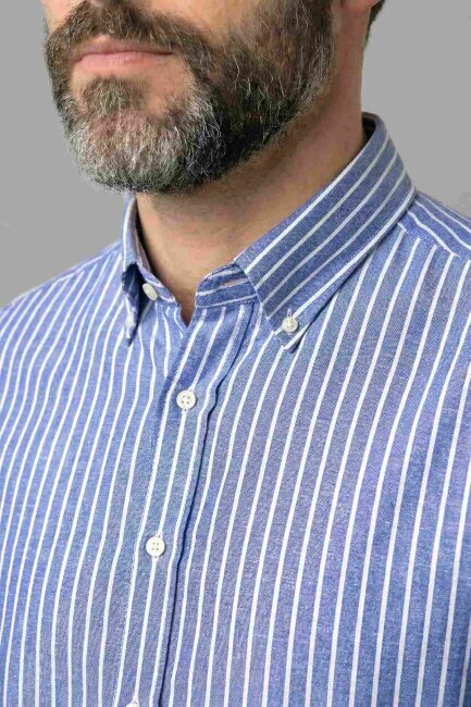 Regular Fit Erkek Uzun Kol Keten Lacivert Gömlek - 3