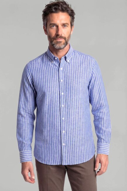 Regular Fit Erkek Uzun Kol Keten Lacivert Gömlek - 1