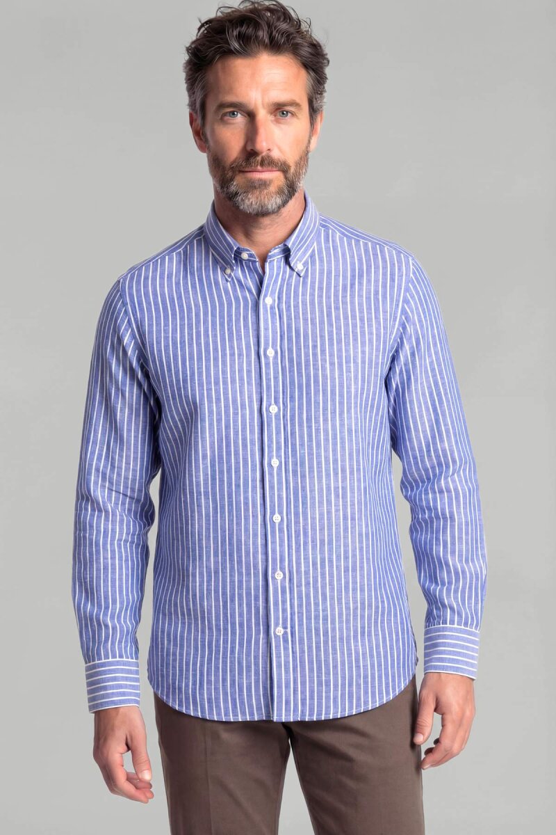 Regular Fit Erkek Uzun Kol Keten Lacivert Gömlek - 1