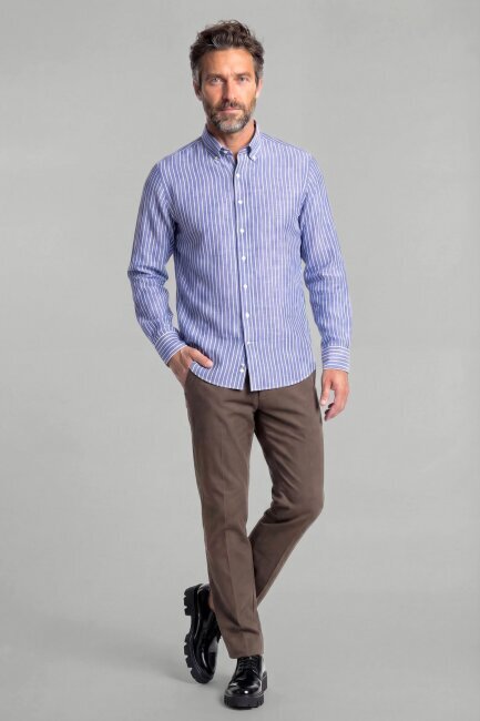 Regular Fit Erkek Uzun Kol Keten Lacivert Gömlek - 4