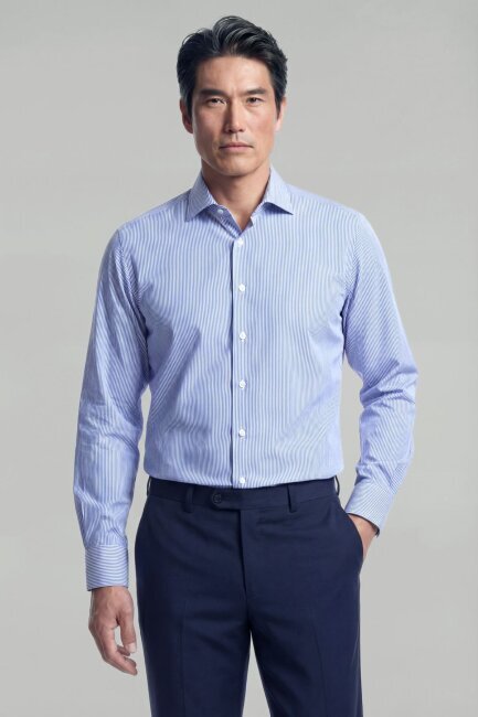 Regular Fit Erkek Uzun Kol Klasik A Yaka Pamuk Mavi Gömlek - 1