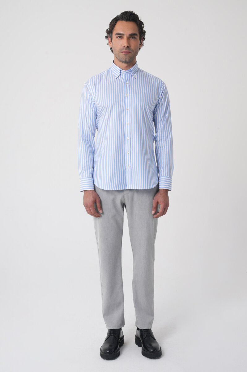 Regular Fit Erkek Uzun Kol Pamuk Mavi Gömlek - 2