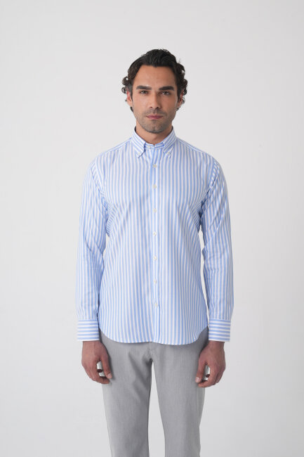 Regular Fit Erkek Uzun Kol Pamuk Mavi Gömlek - 1