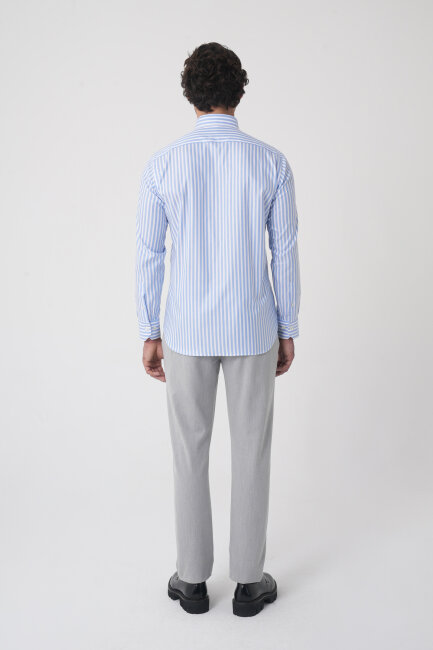 Regular Fit Erkek Uzun Kol Pamuk Mavi Gömlek - 6