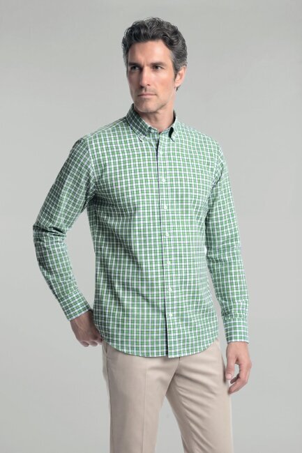 Regular Fit Erkek Uzun Kol Pamuk Yeşil Gömlek - 1