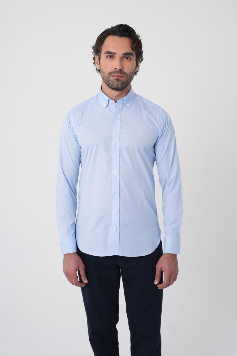 Regular Fit Erkek Uzun Kol Paşa Yaka Cepsiz Pamuk Mavi Gömlek - 1