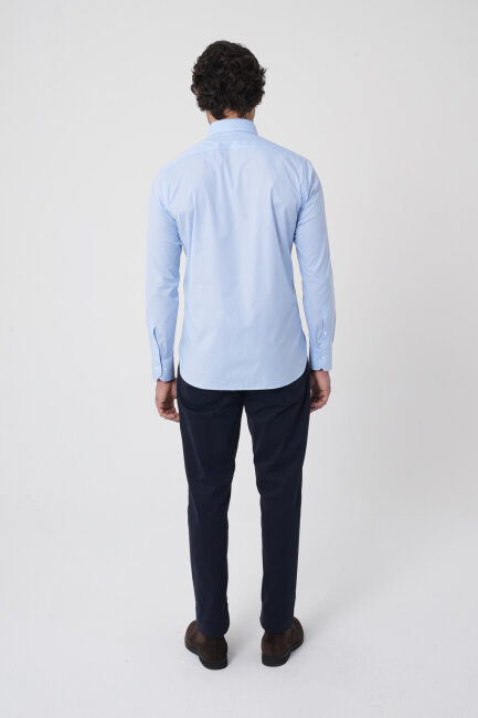 Regular Fit Erkek Uzun Kol Paşa Yaka Cepsiz Pamuk Mavi Gömlek - 8